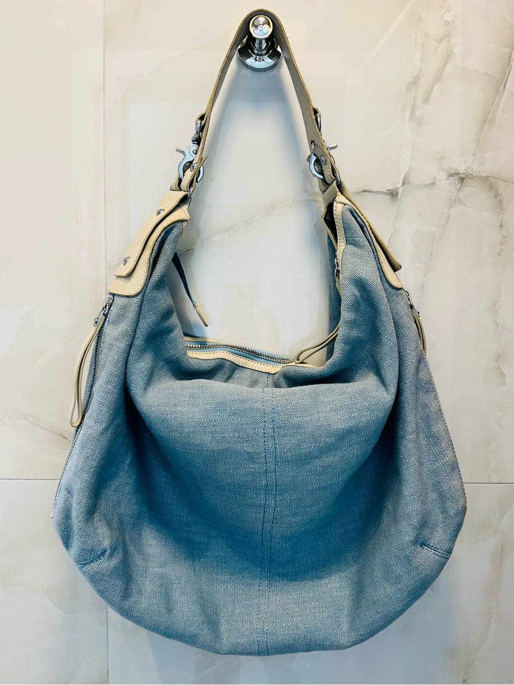 7 for All Mankind Vintage Y2K Light Denim Large Hobo Bag Handbag Leather Strap